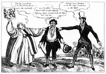 Cartoon van de campagne voor de County Clare tussentijdse verkiezing, 1828